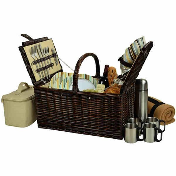 Picnic At Ascot Buckingham Basket for 4 with Blanket & Coffee-Brown Wicker-SC Stripe 714BC-SC